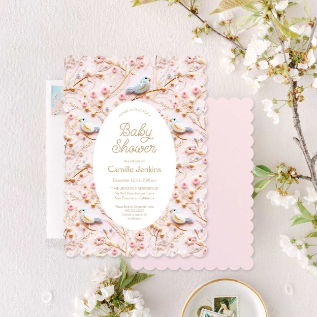 Convite para Chá de fraldas de menina Floral Rosa  (Winter Pink Floral Girl Baby Shower Invitation)