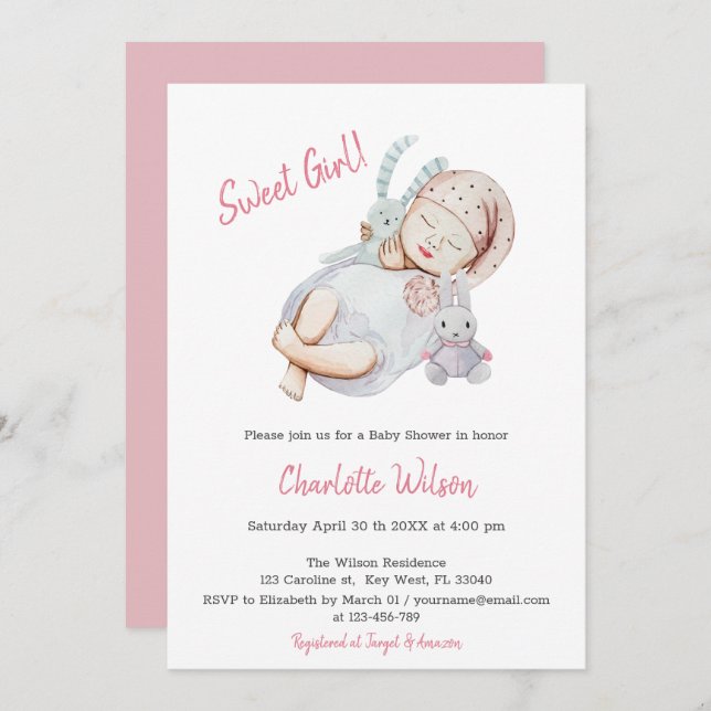 Convite para Chá de fraldas de Menina Rosa (Frente/Verso)