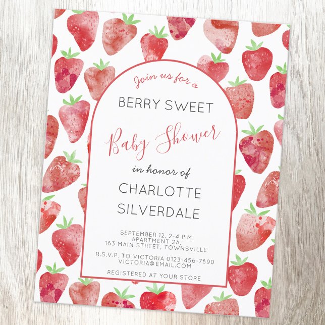 Convite para Chá de fraldas de Morango de Orçament (Strawberry watercolor berry sweet baby shower budget invitation)