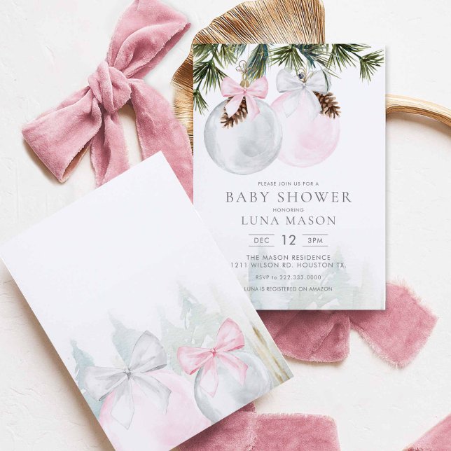 Convite para Chá de fraldas de Natal (Pink Christmas Winter Girl Baby Shower Invitation)