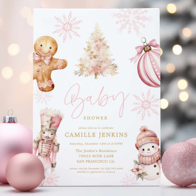 Convite para Chá de fraldas de Natal Rosa para Men (Pink Christmas Baby Shower Invitation)