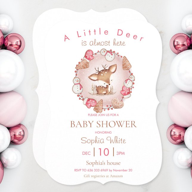 Convite para Chá de fraldas de Natal Rosa-Rosa-Bon (Pink Christmas baby shower invitation with a cute baby deer)