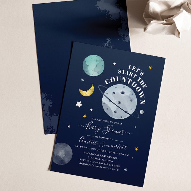 Convite para Chá de fraldas de Outono (Outer Space Script Countdown Baby Shower Invitation)