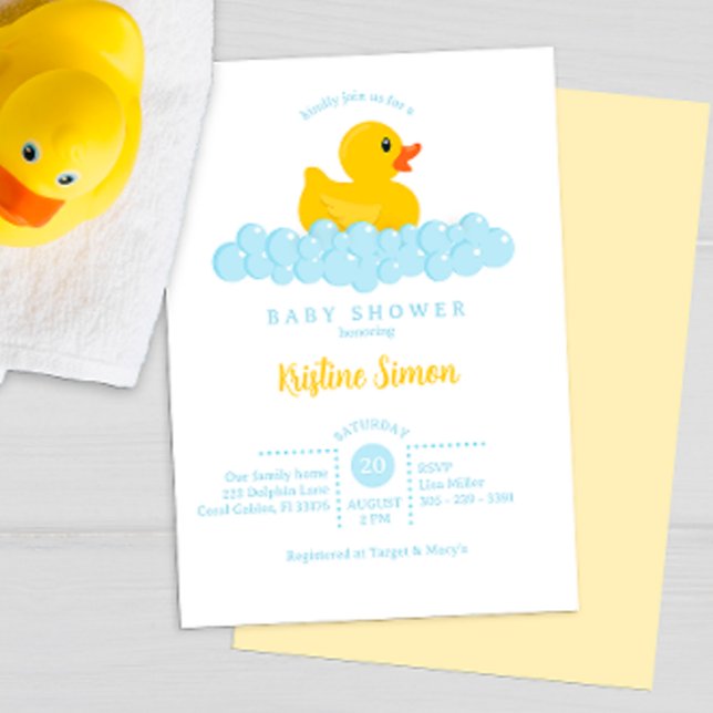 Convite para Chá de fraldas de pata de borracha -  (Rubber ducky blue & yellow baby shower invitation)
