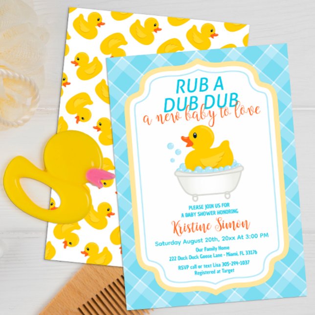 Convite para Chá de fraldas de Pato de Borracha Ru (script typography rubber duck fun baby shower invitation)
