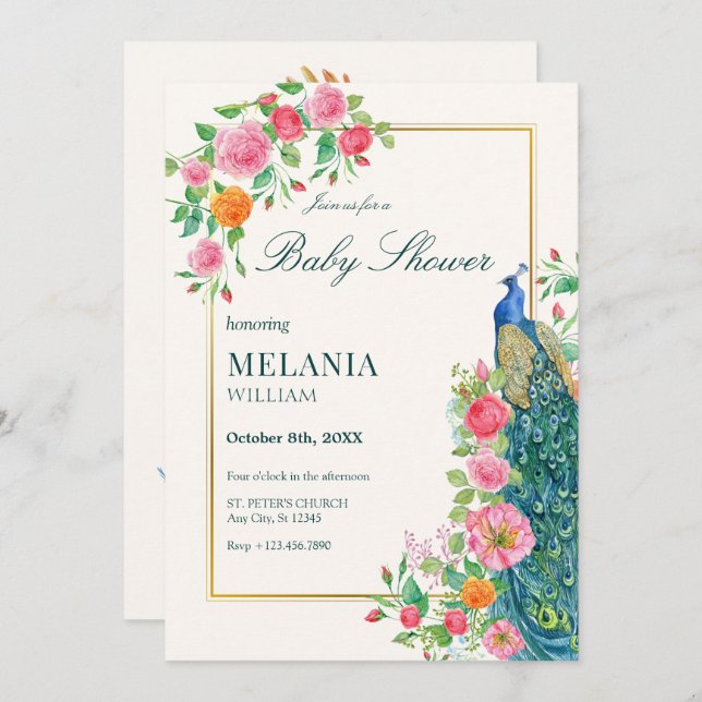 Convite para chá de fraldas de pavão floral (Frente/Verso)