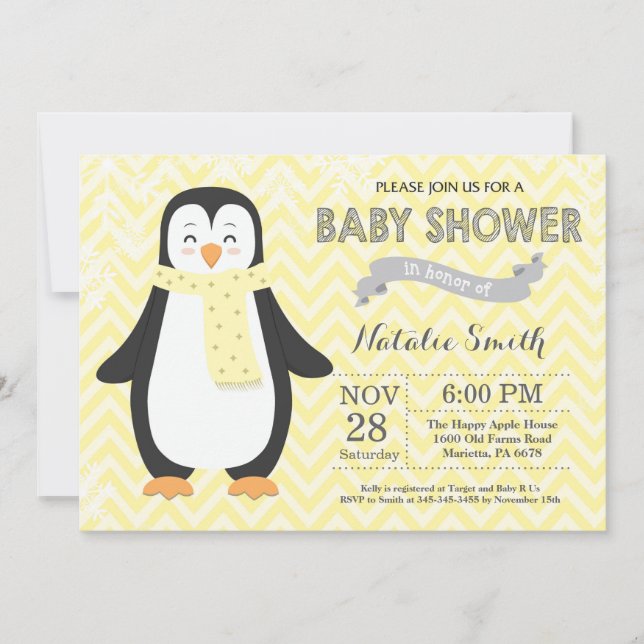 Convite para Chá de fraldas de Pinguim Amarelo de  (Frente)