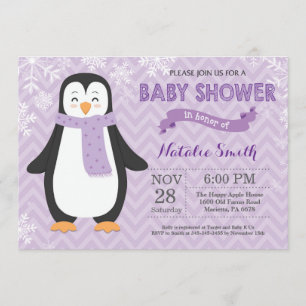 Convite para Chá de fraldas de Pinguim Roxo de inv