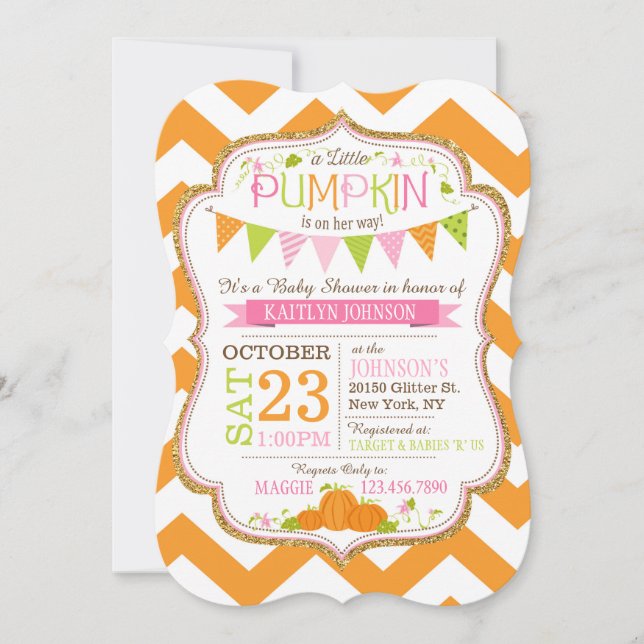 Convite para Chá de fraldas de Pumpkin Chevron (Frente)