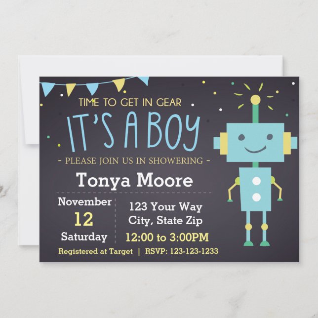 Convite para Chá de fraldas de quadro de chaleiras (Frente)