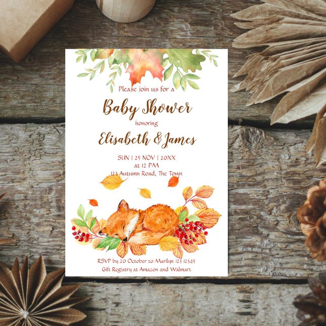 Convite para chá de fraldas de raposa bebê fofa de (Autumn fall cute baby fox baby shower editable template  invitation digital download)