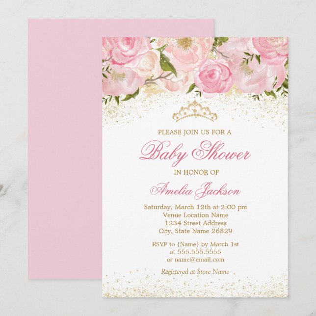 Convite para Chá de fraldas de Rosa Dourada rosa e (Frente/Verso)