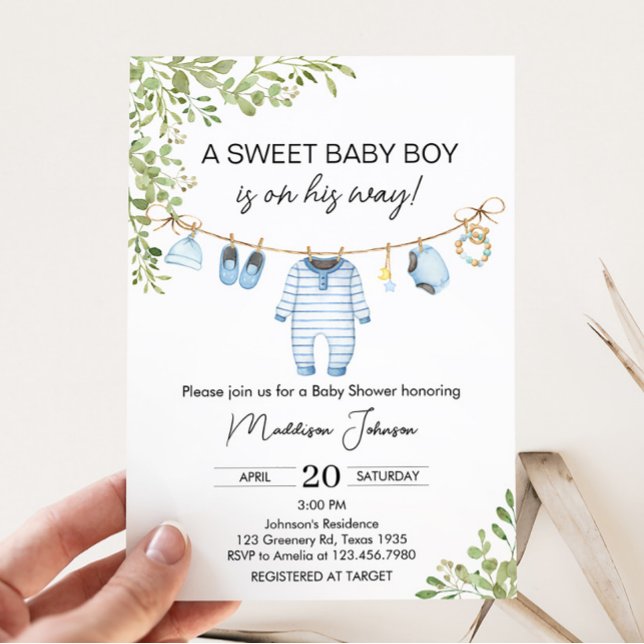 Convite para Chá de fraldas de roupas de bebê azul (Boho Baby Clothes Baby Shower Invitation)