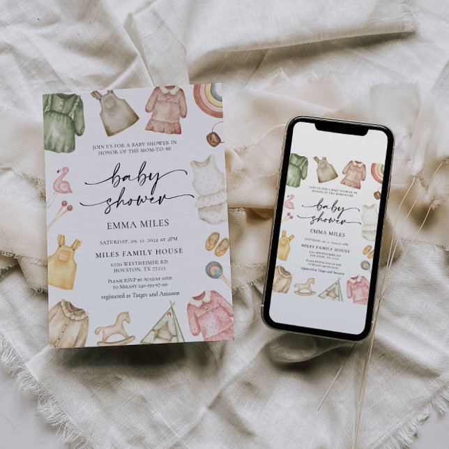 Convite para Chá de fraldas de Roupas Meninas (Criador carregado)