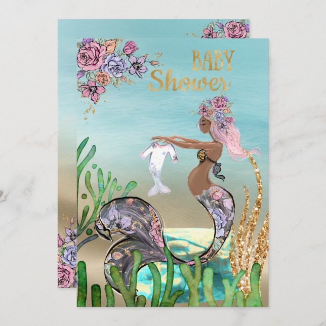 Convite para Chá de fraldas de Sereia Afro-America (Frente/Verso)