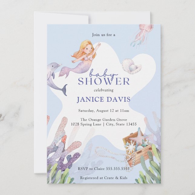 Convite para Chá de fraldas de Sereia Ilustrado (Frente)