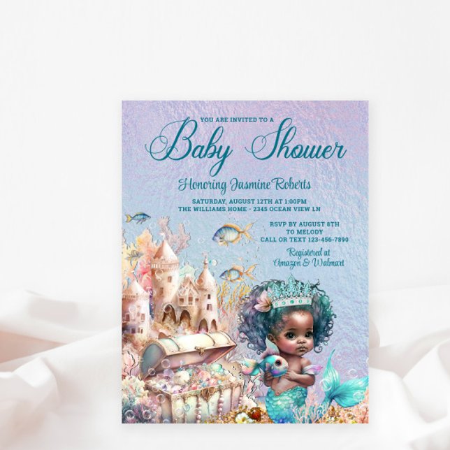 Convite para Chá de fraldas de Sereia Preta (Cute mermaid baby shower postcard.)