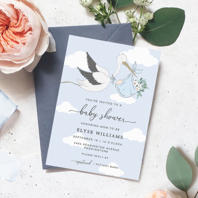 Convite para Chá de fraldas de Stork Azul (Blue Stork Baby Shower Invitation )