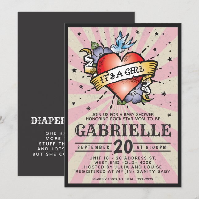 Convite para Chá de fraldas de Tatuagem Rosa Rock  (Frente/Verso)