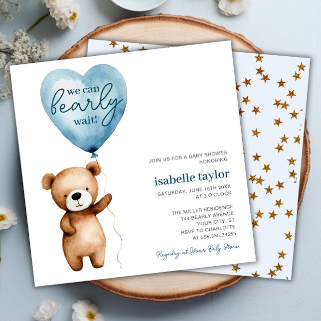 Convite para Chá de fraldas de Teddy Bear Balloon  (Teddy Bear Balloon Boy Baby Shower Invitation)
