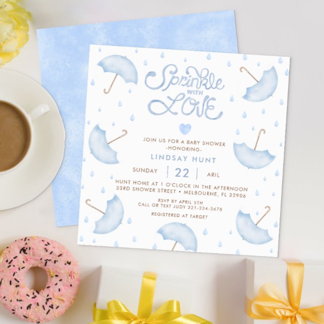 Convite para Chá de fraldas de Tipografia Azul Mod (Sprinkle of Love Baby Shower Theme)