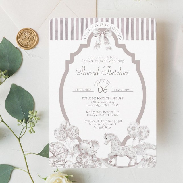 Convite para Chá de fraldas de Toile Neutro (Timeless toile de jouy baby shower invite with elegant vintage charm.







)