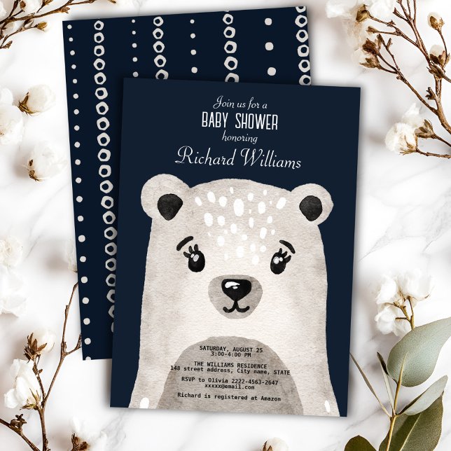 Convite para chá de fraldas de um urso de aquarela (Cute watercolor bear baby shower invitation, minimalistic and gender neutral)