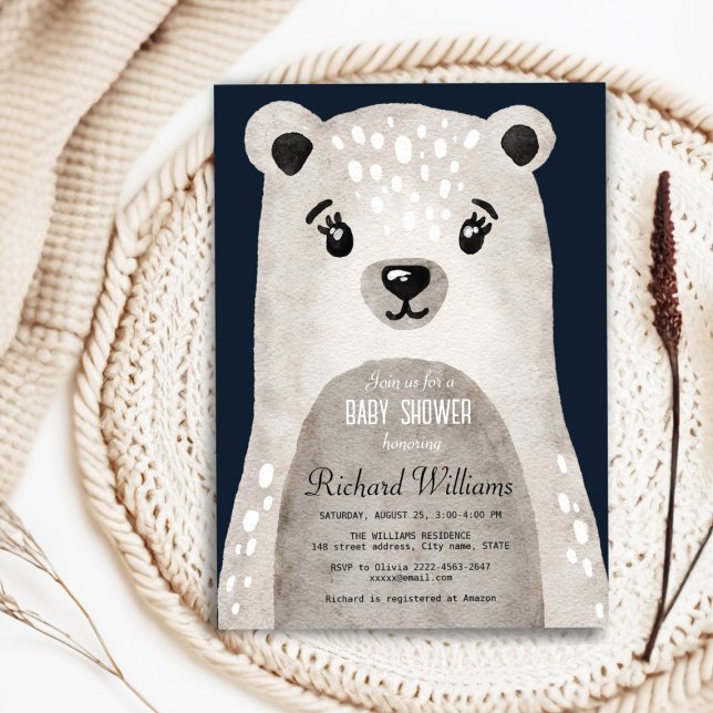 Convite para chá de fraldas de um urso de aquarela (Cute bear baby shower minimalistic navy blue invitation )