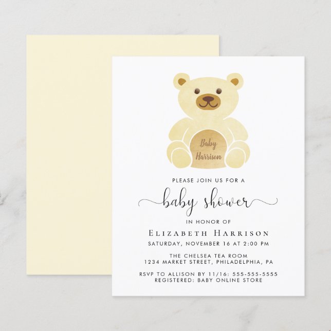 Convite para Chá de fraldas de Urso Amarelo de Ted (Frente/Verso)