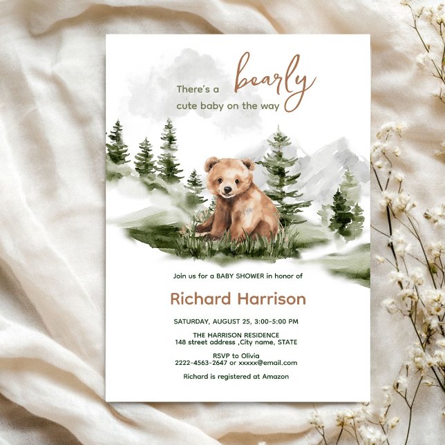 Convite para chá de fraldas de urso da floresta (Bearly wait cute watercolor forest baby shower invitation )