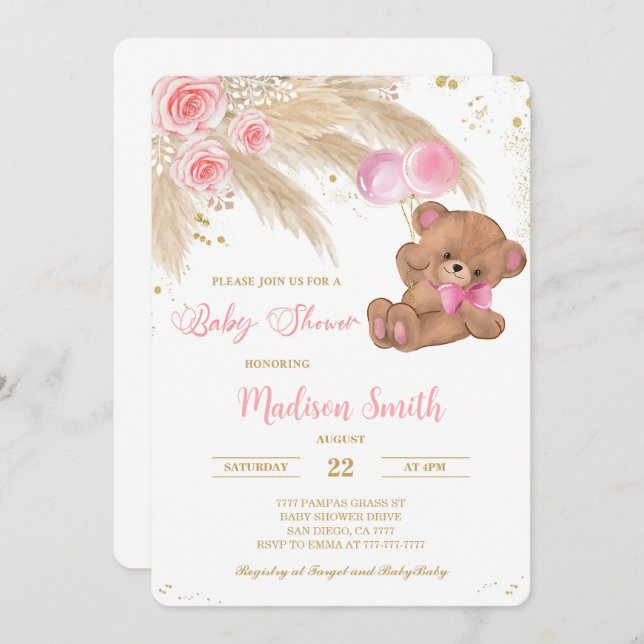 Convite para Chá de fraldas de Urso de Teddy (Frente/Verso)