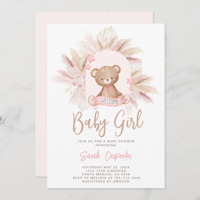 Convite para Chá de fraldas de Urso Rosa (Frente/Verso)