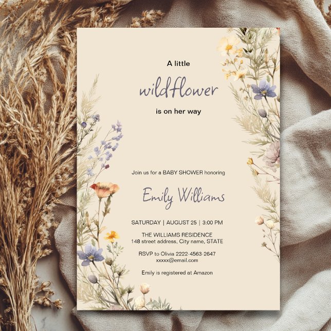 Convite para chá de fraldas de vassoura selvagem (A little wildflower elegant rustic boho watercolor baby shower invitation, baby in bloom)