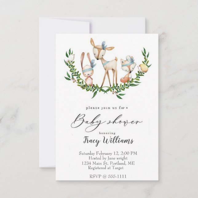 Convite para chá de fraldas de veado de aquarela (Frente)