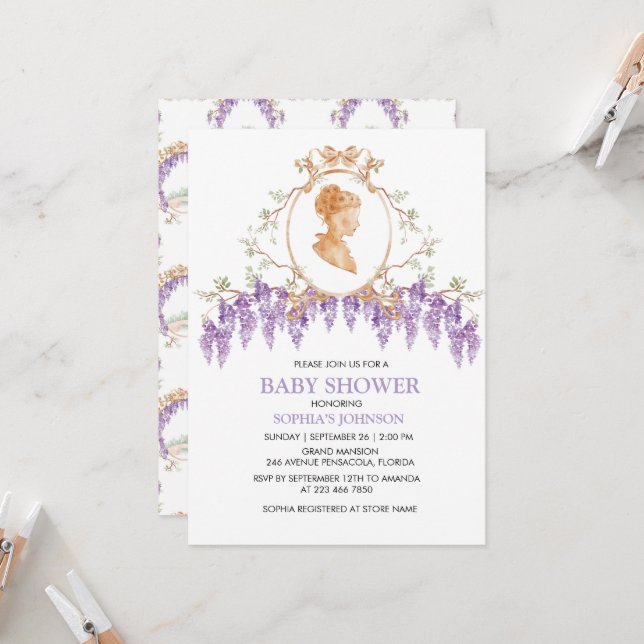 Convite para Chá de fraldas de Wisteria do Grande  (Frente/Verso In Situ)