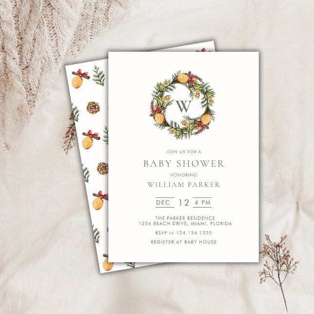 Convite para Chá de fraldas de Wreath Monograma de (Winter Monogram Wreath Baby Shower Invitation)