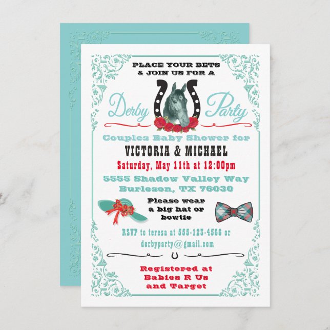 Convite para Chá de fraldas Derby Horse Racing (Frente/Verso)