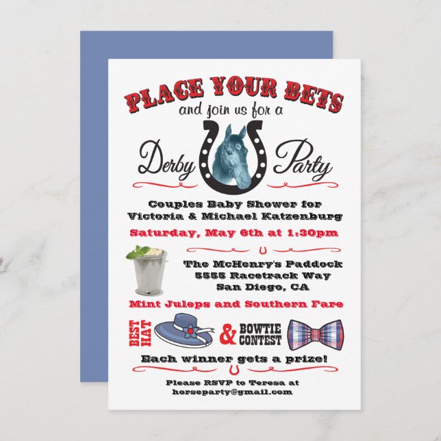 Convite para Chá de fraldas Derby Horse Racing (Frente/Verso)