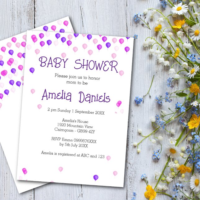 Convite para Chá de fraldas do Balão Púrpura bonit (Criador carregado)