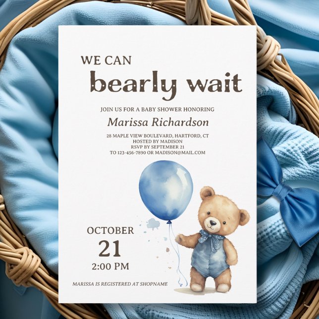 Convite para Chá de fraldas do Blue Teddy Bear Boy (cute elegant custom we can bearly wait teddy bear blue baby boy shower invitation)