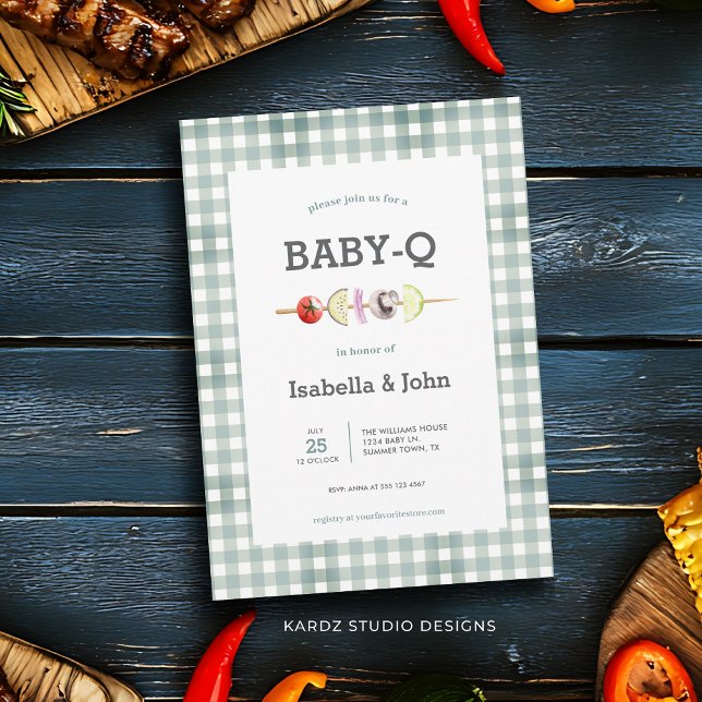 Convite para Chá de fraldas do Casal Q Green Baby (This Baby Shower BBQ Invitation is shown in size 5 x 7 in. Other sizes and digital available.)