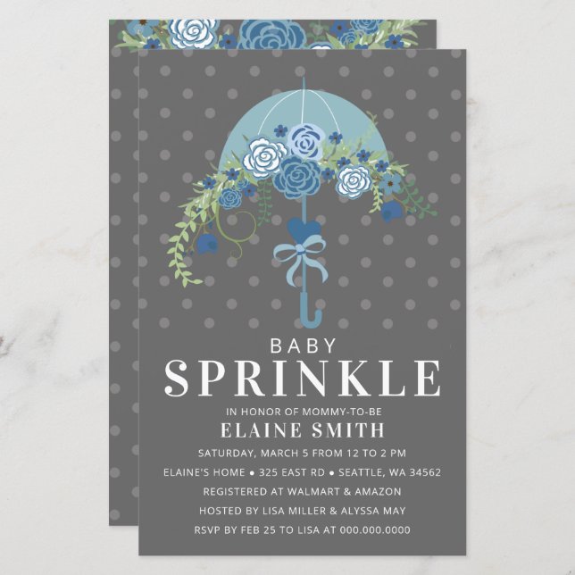 Convite para Chá de fraldas do guarda-chuva azul d (Frente/Verso)