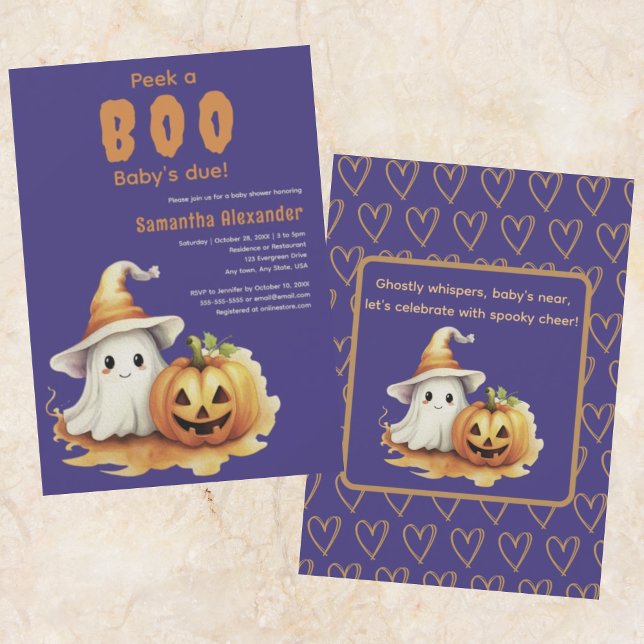Convite para chá de fraldas do Halloween Ghost Boo (Cute pumpkin and ghost Peek-a-Boo baby shower invitation. Charming halloween poem on back of card.)