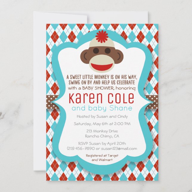 Convite para Chá de fraldas do Sock Monkey Boy (Frente)