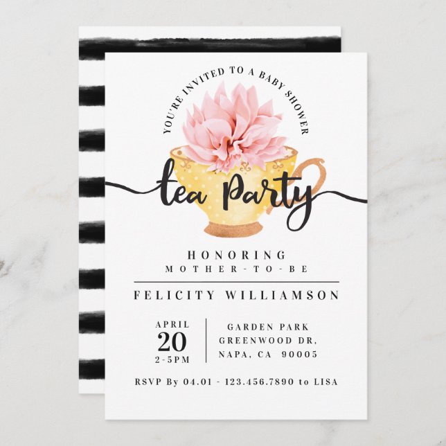 Convite para Chá de fraldas do Teacup Tea Party Am (Frente/Verso)