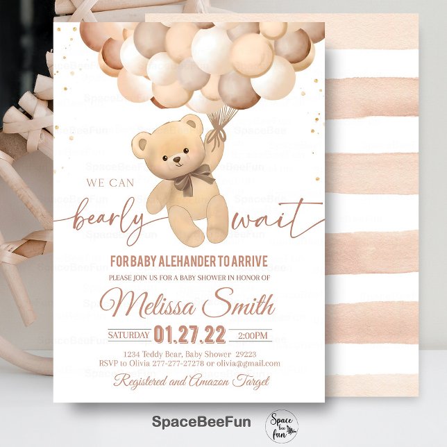 Convite Para Chá de fraldas Do Urso De Teddy Podem (eddy Bear,Baby Shower,Invitation,We Can Bearly,Wait girl,hot air balloon,Bear Theme,Baby Shower invi)