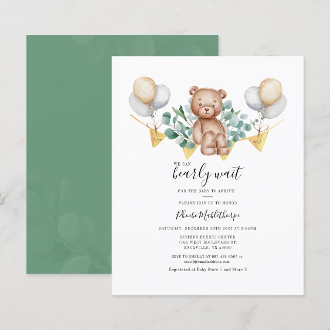 Convite para Chá de fraldas do Urso Eucalyptus (Frente/Verso)