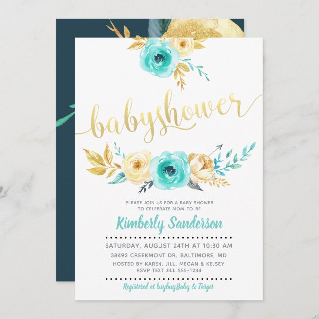 Convite Para Chá de fraldas Dourado De Azul-Teal (Frente/Verso)