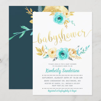Convite Para Chá de fraldas Dourado De Azul-Teal