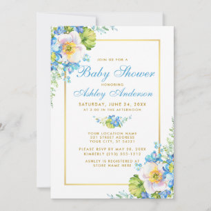 Convite para Chá de fraldas Dourado Floral Azul-C
